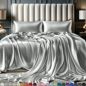lot 11896 image: DECOLURE Satin Sheets King Size Set 4 Pcs - Silky & Luxuriously Soft Satin Bed Sheets w 15 inch Deep Pocket - Double Stitching, Wrinkle Free (Grey)