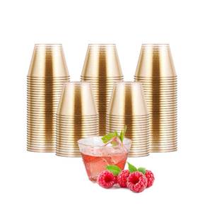 lot 11899 image: JOLLY CHEF 5 oz 100 Pack Small Glitter Disposable Cups, Glitter Plastic Cups, Disposable Plastic Shot Glasses Perfect for Parties Halloween Thanksgiving Christmas