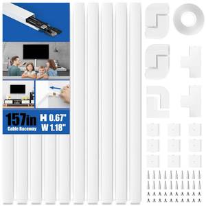 lot 11900 image: Delamu 157in Paintable Cord Cover Raceway Kit, Cable Concealer for TV on Wall, 10 X L15.7 W1.18 H0.6in, White