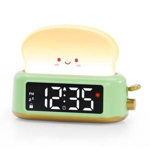 lot 11902 image: Alarm Clock for Kids, Toast Night Light Alarm Clock Battery Operated, 5 Alarm Tones, Nap Timer, Dual Alarm, Dimmer, Bedside Clock with Toast Lamp, Gifts for Kids Teens Boys Girls Toddler Room Decor