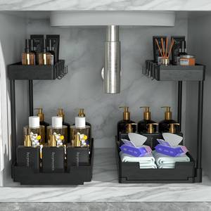 lot 11920 image: JUJEKWK Under Sink Organizers and Storage 2 pack, 2-Tier bathroom organizer, Kitchen Organizer, L Shaped cabinet organizer (Black)