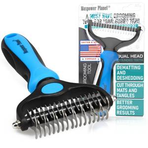 lot 11942 image: Maxpower Planet Pet Grooming Brush - Double Sided Shedding, Dematting Undercoat Rake for Dogs, Cats - Extra Wide Dog Grooming Brush, Dog Brush for Shedding, Cat Brush, Reduce Shedding by 95%, Blue