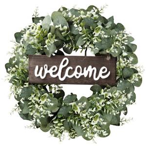lot 11949 image: Sggvecsy 16in Artificial Eucalyptus Wreath with Welcome Sign Green Eucalyptus Leaf Wreath Greenery Wreath Round Leaves Wreath for Front Door Wall Window Festival Farmhouse Porch Patio Garden Decor