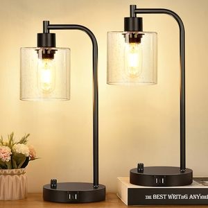 lot 11986 image: Set of 2 Industrial Table Lamps with 2 USB Port, Fully Stepless Dimmable Lamps for bedrooms, Bedside Nightstand Desk Lamps with Seeded Glass Shade for Reading Living Room Office 2 LED Bulb Included