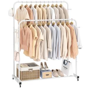 lot 12003 image: Laiensia Double Rods Garment Rack with Wheels, Clothing Rack for Hanging Clothes,4 Hooks, Multi-functional Bedroom Clothes Rack, White
