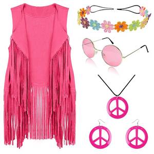 lot 12008 image: FunMular 60s 70s Outfits for Women Hippie Costume Set Peace Sign Earring Headband Fringe Vest Tassel Cardigan (Pink, 3XL)