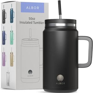 lot 12010 image: ALBOR 50 oz Tumbler With Lid and Straw, Leak Proof Durable Stainless Steel Insulated Tumbler With Handle, Spill Proof Water Bottles With Straw (Black)