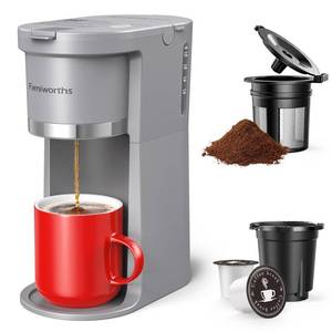 lot 12015 image: Famiworths Mini Coffee Maker Single Serve, Instant Coffee Maker One Cup for K Cup & Ground Coffee, 6 to 12 Oz Brew Sizes, Capsule Coffee Machine with Water Window and Descaling Reminder, Gray