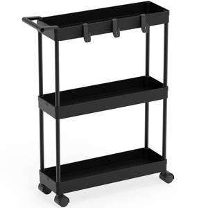 lot 12016 image: Simple Houseware 3-Tier SlimSuper Narrow Kitchen Cart with Handle, Hooks and Storage with Shelves, Black