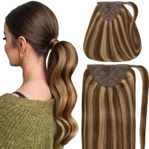 lot 12027 image: Caliee Hair Extensions Human Hair Highlight Balayage P427 Medium Brown Mixed Blonde 16Inch 80G Clip in Real Human Hair Extensions Wrap Around Pony Tail with Magic Paste Straight Long for Adults Women