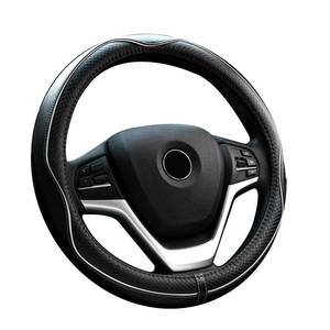 lot 12058 image: Valleycomfy Steering Wheel Covers Universal 15 inch - Genuine Leather, Breathable, Anti Slip & Odor Free (White Line, M(14 12-15 14))