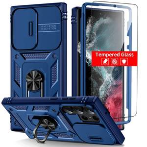 lot 12078 image: pompvla for Samsung Galaxy S22 Ultra Case with Tempered Glass Screen Protector with Magnetic Kickstand Car Ring & Camera Cover Military Grade Drop Shockproof Rugged Heavy Duty Protection Man6.8Blue