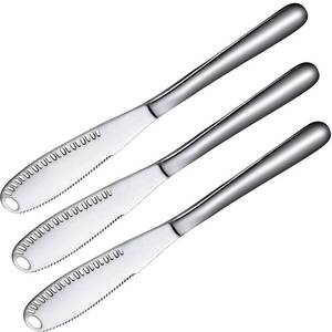 lot 12091 image: 3 Pack Stainless Steel Butter Spreader Knife, 3 in 1 Kitchen Gadgets, Curler, Butter Grater, Multi-Function Butter Spreader and Grater with Serrated Edge, Shredding Vegetables Fruits