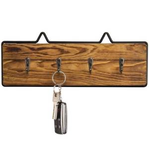 lot 12093 image: MyGift 12 Inch Wall Mounted Key Hook Rack, Rustic Burnt Solid Wood Entryway Organizer Key Holder with Matte Black Metal Frame and 4 Hooks for Keys, Lanyards, Pet Leashes