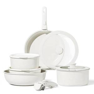 lot 12097 image: CAROTE 11pcs Pots and Pans Set Non Stick, Cookware Sets Detachable Handle, RV Kitchen Set Removable Handle, Oven Safe, Induction Ready, Stackable Non-stick Set, Cream White