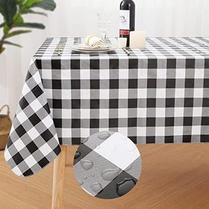 lot 12108 image: misaya Rectangle Waterproof Vinyl Table Cloth, Buffalo Flannel Backed Tablecloth, Wipeable Plastic Table Cover for Dinner, Kitchen, Outdoor (60 x 84, Black and White)