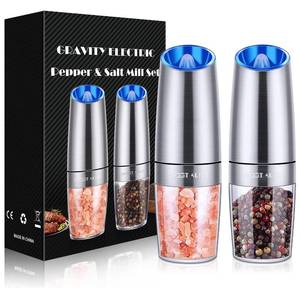 lot 12115 image: Gravity Electric Pepper and Salt Grinder Set, Salt and Pepper Mill & Adjustable Coarseness, Battery Powered with LED Light, One Hand Automatic Operation, Stainless Steel (SetSilver)