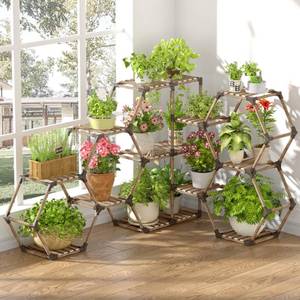 lot 12121 image: Allinside Corner Plant Stand Indoor, 12-Tier Outdoor Corner Shelf Stand Wooden Plant Holder for Multiple Plants Large Hexagon Ladder Flower Stand, Perfect for Balcony Living Room Hallway Garden