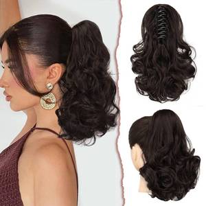 lot 12128 image: SOFEIYAN Ponytail Extension 11 Claw Clip Ponytail Hair Extensions Long Curly Wavy Ponytail Fluffy Clip on Pony Tails Synthetic Hairpiece for WomenDark Brown