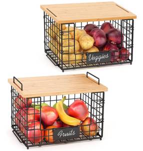 lot 12168 image: keomaisyto 2 Pack Stackable Wire Baskets with Bamboo Top for Pantry Organizers and Storage, XL Kitchen Organization Counter Basket for Fruit, Vegetable, Produce, Bread, Potato and Onion Storage Bins