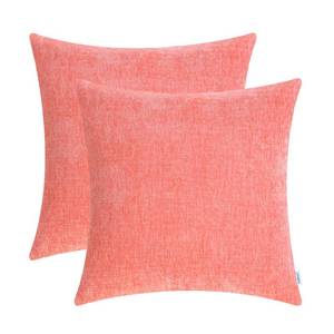 lot 12171 image: CaliTime Pack of 2 Cozy Throw Pillow Covers Cases for Couch Sofa Home Decoration Solid Dyed Soft Chenille 18 X 18 Inches Living Coral