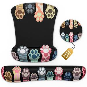 lot 12187 image: Black Wrist Rest Support Ergonomic Gel Mouse Pad & Memory Foam Keyboard Set Non-Slip Rubber PU Base Easy Typing and Relieve Wrist Pain Mouse Mat for Computer Office - Colorful Cat Paws