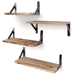 lot 12192 image: YGEOMER Floating Shelves, Rustic Wood Shelves, 4 Sets of Wall Mounted Shelf for Bathroom Decor, Bedroom, Living Room and Plants (Carbonized Black)