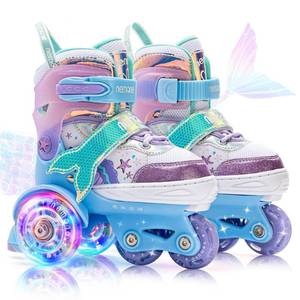 lot 12195 image: NEMONE Mermaid 4 Size Adjustable Light up Roller Skates for Girls, Blue Purple Skates for Toddlers, Beginner Kids Roller Skates Indoor Outdoor