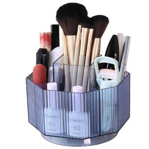 lot 12209 image: LINFIDITE 360°Rotating Makeup Organizer Holder Cosmetic Display Case Clear Makeup Brush Lip Gloss Organizer Case with 5 Slots Round Turntable Storage Tray for Vanity, Bathroom, Counter Organizer Blue
