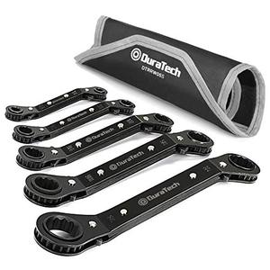 lot 12214 image: DURATECH 5 Pc Double Offset Box End Reversible Ratcheting Wrench Set, SAE, Heavy-duty, Matte Chrome Plated, Ratchet Spanner Crooked for Narrow Spaces (14-78 inch)