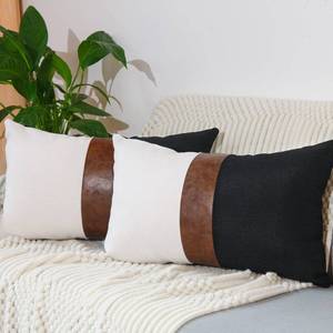lot 12220 image: cygnus Set of 2 Faux Leather and Linen Throw Pillow Cover 12x20 Inch Black and White Modern Decorative Accent Cover for Couch Sofa,Black