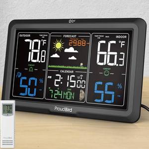 lot 12234 image: Proud Bird Weather Station Indoor Outdoor, Weather Stations Wireless Indoor Outdoor, Indoor Outdoor Thermometer Wireless with 350° Viewing Angle Colorful Large 7.6 Display, Atomic Clock, Black