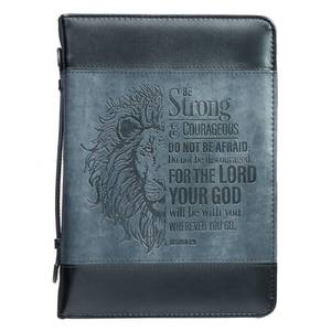 lot 12235 image: Christian Art Gifts Classic Faux Leather Bible Cover for Men and Women Be Strong and Courageous - Joshua 19 Inspirational Bible Verse with Lion, Gray and Black, XL