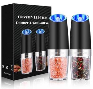 lot 12241 image: Gravity Electric Pepper and Salt Grinder Set, Adjustable Coarseness, Battery Powered with LED Light, One Hand Automatic Operation, Stainless Steel Black, 2 Pack