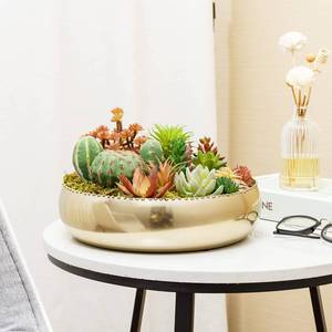lot 12251 image: MyGift 11-inch Shiny Brass Toned Metal Round Planter Bowl with Pebbled Rim, Shallow Bowl Succulent Pot - Handcrafted in India