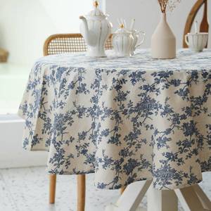 lot 12263 image: Pastoral Round Tablecloth - 60 Inch Dia. - Linen Fabric Table Cloth - Washable Table Cover with Dust-Proof Wrinkle Resistant for Restaurant, Picnic, Indoor and Outdoor Dining, Floral (Dark Blue)