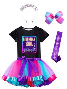 lot 12272 image: Doctor Unicorn Birthday Girls Musical Outfit Set Tutu Skirt Dress, Birthday Girl Shirt, Hair Bow & Satin Sash (PinkPurpleBlue Birthday Girl-3-5-6 Years)