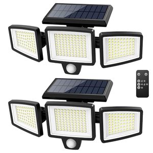 lot 12283 image: Tuffenough Solar Outdoor Lights 2500LM 210 LED Security Lights with Remote Control,3 Heads Motion Sensor Lights, IP65 Waterproof,270° Wide Angle Flood Wall Lights with 3 Modes(2 Packs)