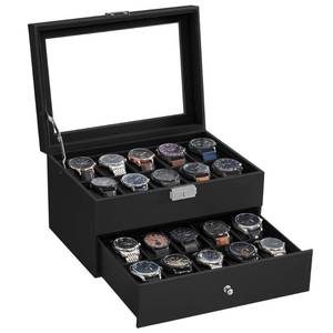 lot 12472 image: SONGMICS 20-Slot Watch Box, Watch Case with Glass Lid, 2 Layers, Lockable Watch Display Case, Black Synthetic Leather, Fathers Day Gifts, Black Lining UJWB020B01