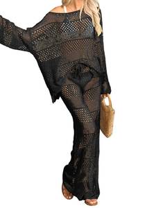 lot 12485 image: Famulily Crochet Knit Two Piece Set Hollow Out Cropped Tops Crochet Pants Beach Cover Up Sets Cute Bathing Suit Sets Black XL