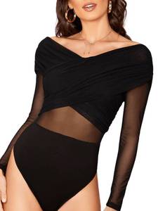 lot 12487 image: Verdusa Womens Elegant Sheer Mesh Cross Wrap Off Shoulder Skinny Bodysuit Top Black M