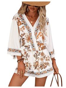 lot 12493 image: Verdusa Womens Summer 2 Piece Outfits Floral Print Drop Shoulder Batwing Sleeve Blouse Shorts Set White L