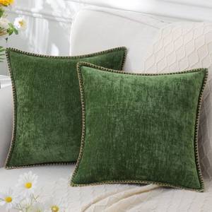lot 12496 image: decorUhome Chenille Soft Throw Pillow Covers 18x18 Set of 2, Spring Farmhouse Velvet Pillow Covers, Decorative Square Pillow Covers with Stitched Edge for Couch Sofa Bed, Forest Elf
