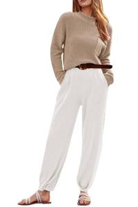 lot 12497 image: PRETTYGARDEN Womens Fall 2 Piece Sweater Set Casual Pullover Top High Waisted Sweatpants Tracksuit Lounge Outfits (Khaki Beige White,Medium)