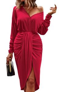 lot 12501 image: PRETTYGARDEN Womens Ruched Wrap Dress Long Sleeve V Neck Split Hem Draped Front Midi Bodycon Dresses (Red,Large)