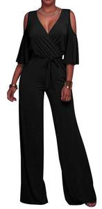 lot 12502 image: HannahZone Womens Casual Summer Cold Shoulder Loose Jumpsuits Sexy High Waist Wide Leg Long Romper with Belt XL