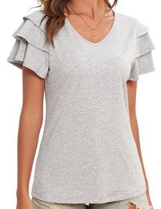 lot 12503 image: Three Layer Ruffle V-Neck Shirts Light Grey Puffy Sleeve Blouses Plus Size Business Casual Tops for Women(Light Grey,X-Large)