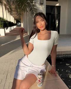 lot 12504 image: OQQ Womens 2 Piece Bodysuits Sexy Ribbed One Piece Square Neck Short Sleeve Bodysuits Beige L