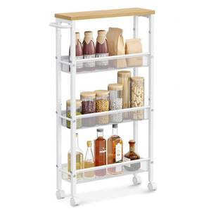 lot 12511 image: VASAGLE Slim Rolling Cart, 4-Tier Storage Cart, Narrow Cart with Handle, 5.1 Inches Deep, Metal Frame, for Kitchen, Dining Room, Living Room, Home Office, Oak Beige and Classic White ULRC032W09