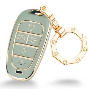 lot 12566 image: Key Fob Cover for Hyundai-Premium Key Case Shell with Gold Keychain fit Hyundai Sonata Santa fe Tucson (5-Green)